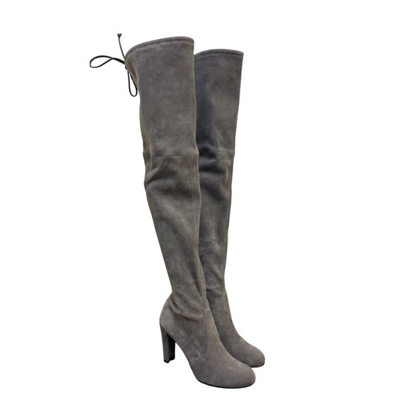 Stuart Weitzman Suede Over-The-Knee Boots Grey With Block Heel & Tie Closure Siz - Picture 2 of 14